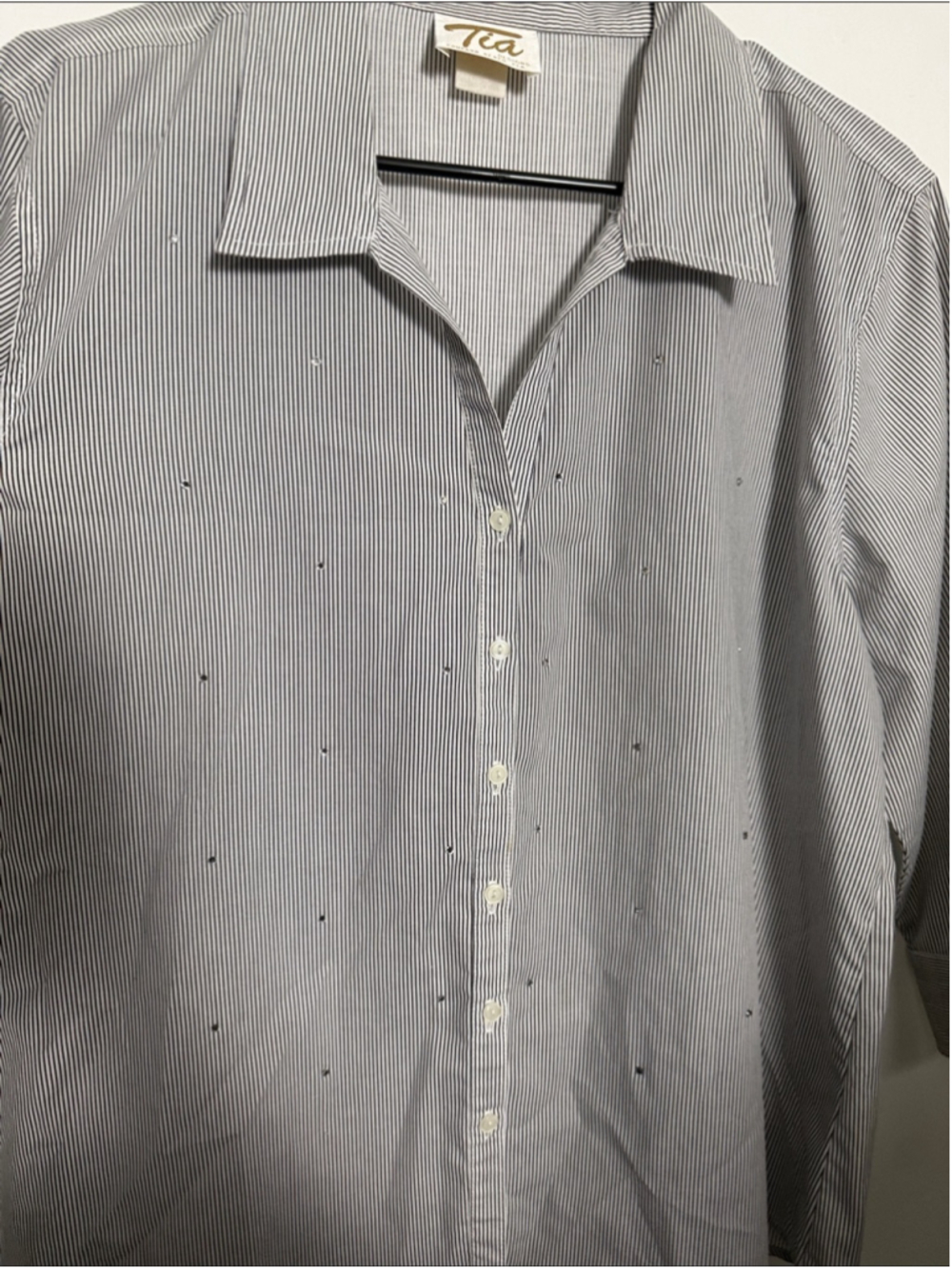 Vintage Tia Designs Gray & White Pinstripe Rhinestone Button Up Size Large/XL - Picture 3 of 6